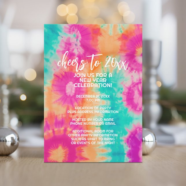 Cheers to the New Year Tie-Dye Teal 70s Vibe Invitation (Cheers to the New Year - Tie Dye Party Invitation)