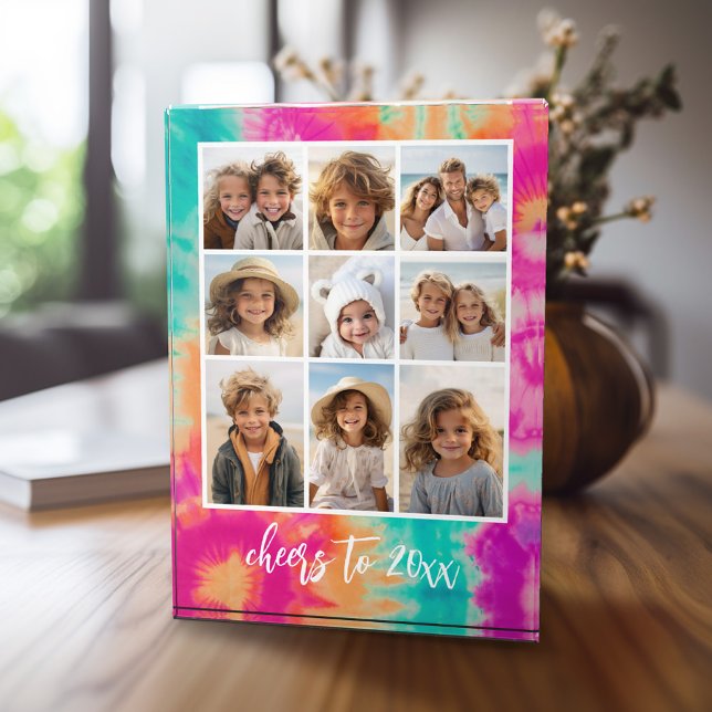 Cheers to the New Year Tie-Dye Teal 70s Vibe Photo Block (9 Photo Collage personalized home plaque - with vibrant tie dye background)
