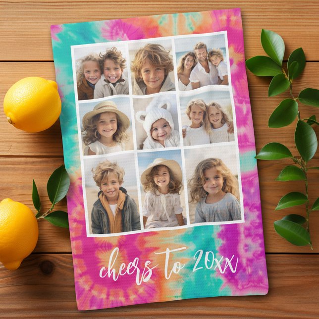 Cheers to the New Year Tie-Dye Teal 70s Vibe Tea Towel (Personalized kitchen towel with 8 photos and tie dye pattern)