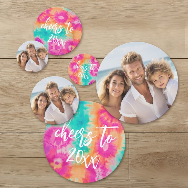 Cheers to the New Year Tie-Dye Teal Photo 70s Vibe Confetti (Custom Party Confetti with Photos)