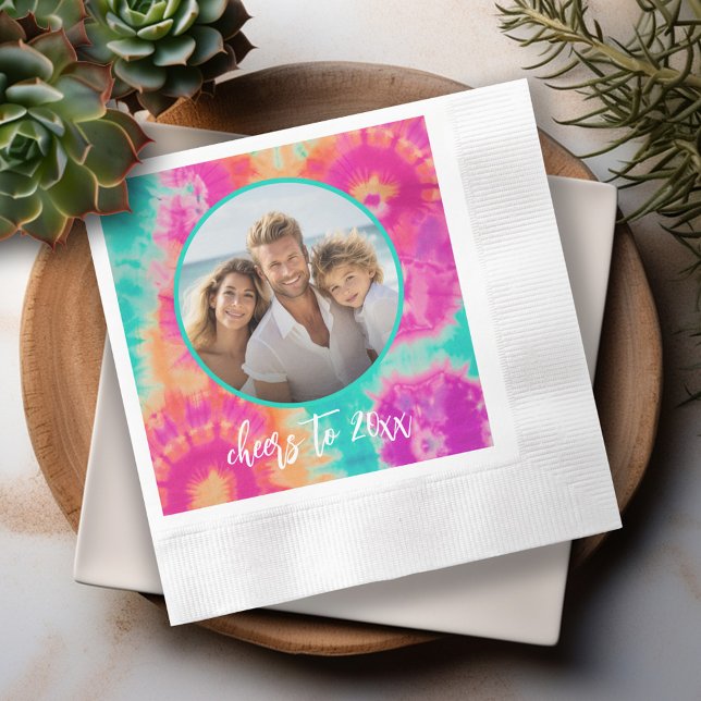 Cheers to the New Year Tie-Dye Teal Photo 70s Vibe Napkin (Personalized Photo Party Napkins)
