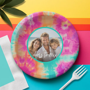 Cheers to the New Year Tie-Dye Teal Photo 70s Vibe Paper Plate