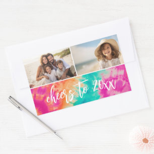 Cheers to the New Year Tie-Dye Teal Photo 70s Vibe Rectangular Sticker