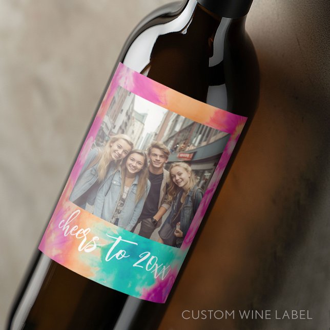 Cheers to the New Year Tie-Dye Teal Photo 70s Vibe Wine Label (Custom Wine Bottle Label - Personalize a Sticker for a fun gift or memento)
