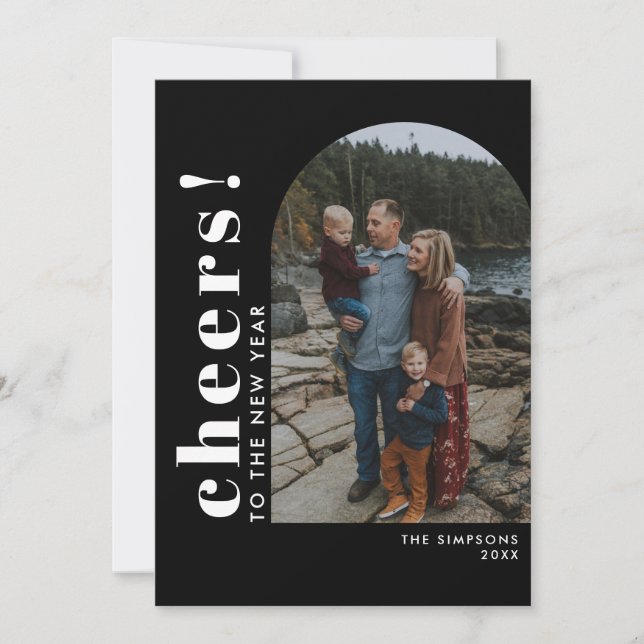Cheers to the New Year Typographic Arch Photo Holiday Card (Front)