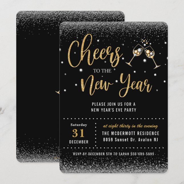 Cheers to the New Year's Eve Party Black Gold  Invitation (Front/Back)