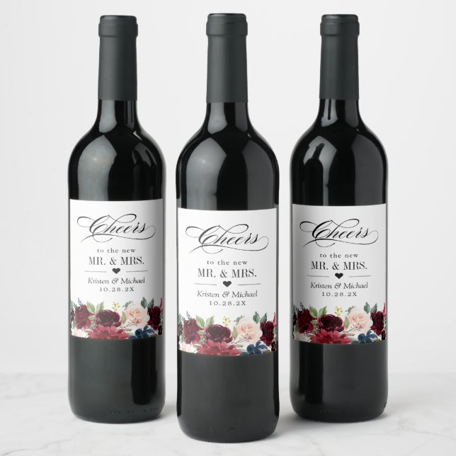 Cheers To the Wedding Burgundy Blush Blue Floral Wine Label (Bottles)