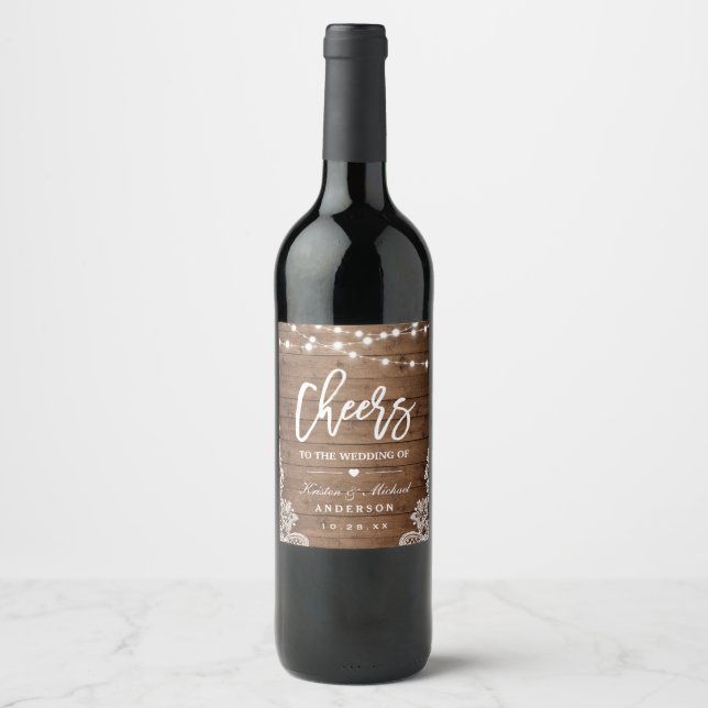 Cheers To The Wedding Rustic Wood String Lights Wine Label (Front)