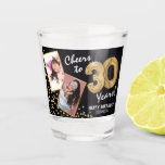 Cheers to the Years 30th Birthday 2 Photo Shot Glass<br><div class="desc">Celebrating the fabulous thirty! These shot glasses allow you to upload a before and after photograph of the birthday man or woman in a faux gold frame, with the title 'Cheers to 30 Years!'. Featuring a rustic chalkboard background, faux gold number 30 helium balloons, faux gold glitter confetti, a Happy...</div>