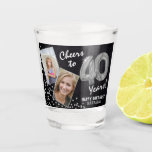Cheers to the Years 40th Birthday 2 Photo Shot Glass<br><div class="desc">Celebrating the fabulous forty! These shot glasses allow you to upload a before and after photograph of the birthday man or woman in a faux silver frame, with the title 'Cheers to 40 Years!'. Featuring a rustic chalkboard background, faux silver number 40 helium balloons, faux silver glitter confetti, a Happy...</div>