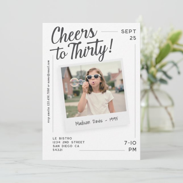 Cheers to Thirty 30 Retro Photo Birthday  Invitation (Standing Front)