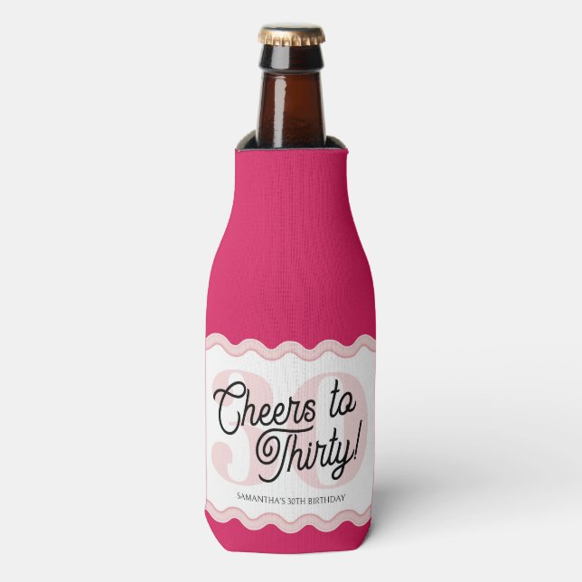 Cheers to Thirty Modern Wavy Pink 30th Birthday  Bottle Cooler (Bottle Front)