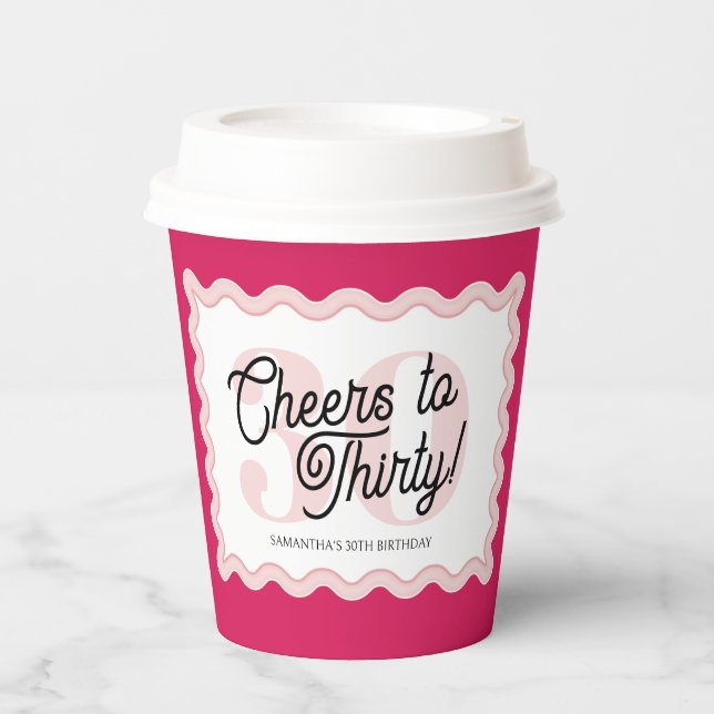 Cheers to Thirty Modern Wavy Pink 30th Birthday  Paper Cups (Front)