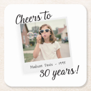 Cheers to Thirty Years 30 Retro Photo Birthday  Square Paper Coaster