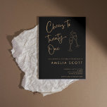Cheers to Twenty One Black Gold 21st Birthday Invitation<br><div class="desc">Celebrate the milestone of turning twenty-one with this modern Cheers to 21 Birthday Invitation! Set against a chic black background, these invitations feature a gold playful handwritten font and hand-drawn champagne glasses clinking together. Perfect for a milestone 21st birthday, the design is both unique and trendy, adding a touch of...</div>
