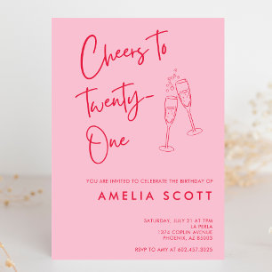Cheers to Twenty One Pink Red 21st Birthday Modern Invitation