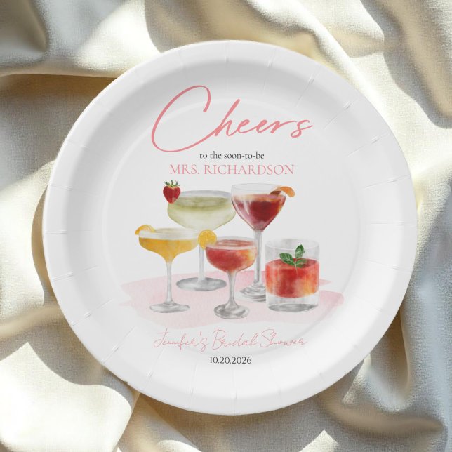Cheers to |  Watercolor Cocktails Bridal Shower Paper Plate (Creator Uploaded)