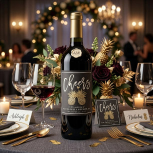 Cheers To Wedding Chic Black Gold Pineapple Couple Wine Label
