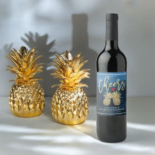 Cheers To Wedding Gold Pineapple Couple Navy Blue Wine Label