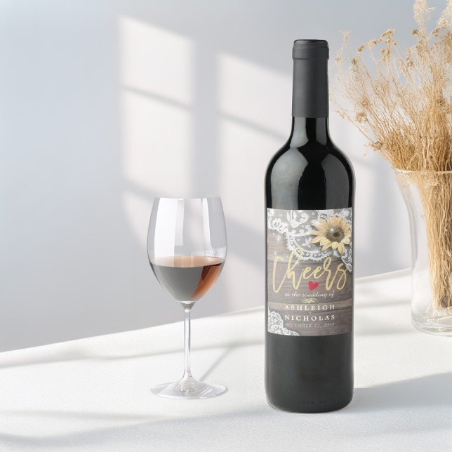 Cheers To Wedding Lace Sunflower Rustic Wood Light Wine Label (Creator Uploaded)