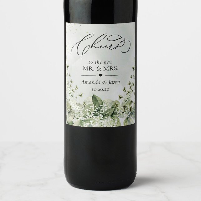 Cheers To Wedding Sage Green Foliage Botanical Wine Label (Creator Uploaded)