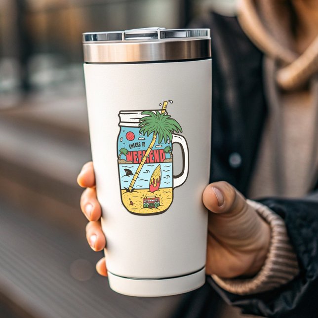 Cheers to Weekends Funny Camping | Die-Cut Sticker (Cheers to the Weekend Summer Sticker by PiggyPrint Stickers. )