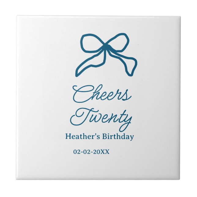 Cheers twenty blue birthday bow name date boho ret ceramic tile (Front)