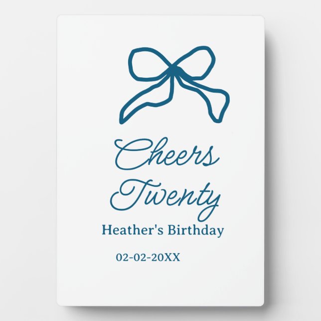 Cheers twenty blue birthday bow name date boho ret plaque (Front)