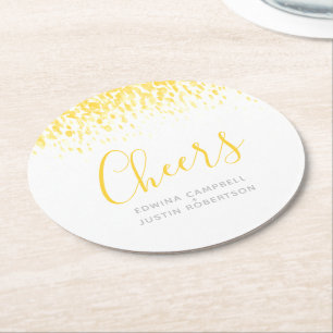 Cheers warm yellow modern art watercolor dabs round paper coaster