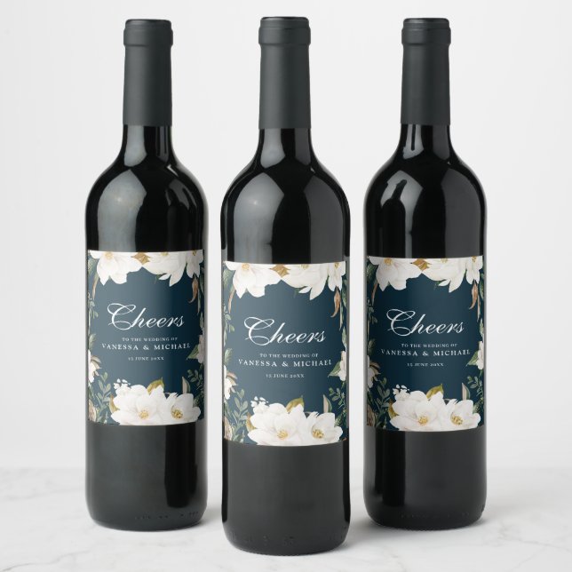 CHEERS | watercolor magnolia floral wedding Wine Label (Bottles)