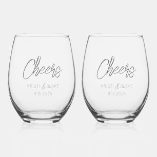 CHEERS Wedding DATE Couple NAMES Modern Minimalist Stemless Wine Glass