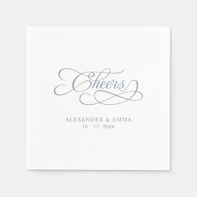Cheers Wedding Dusty Blue & White Calligraphy Napkin (Front)