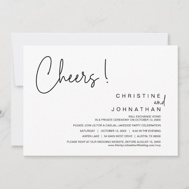 Cheers, Wedding Elopement Party, Dinner, Dancing Invitation (Front)