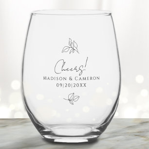 Cheers Wedding Engagement Botanical Leaves Black Stemless Wine Glass