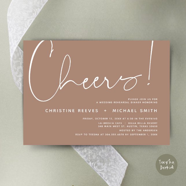 Cheers, Wedding Rehearsal Dinner Invitation (Cheers, Wedding Rehearsal Dinner Invitation Card, PDF, Modern Minimalist, in Taupe neutral earthy)