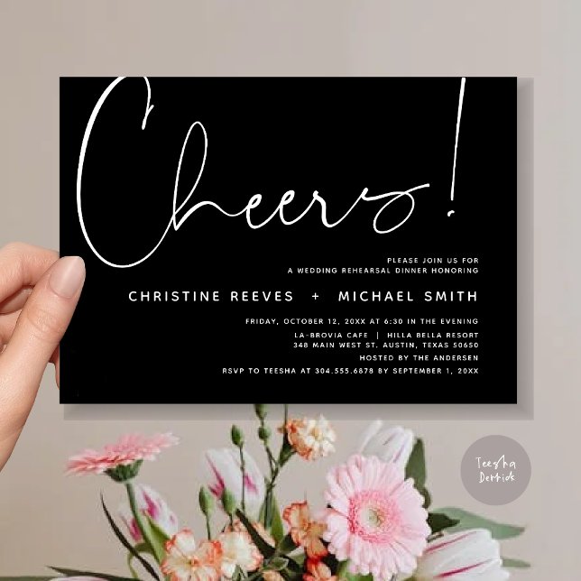 Cheers, Wedding Rehearsal Dinner Invitation (Cheers, Wedding Rehearsal Dinner Invitation Card, PDF, Modern Minimalist, in Classy Black)