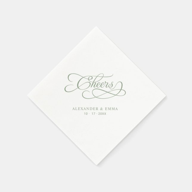 Cheers Wedding Sage Green Elegant Calligraphy Napkin (Corner)