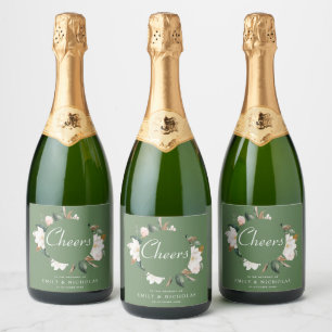 CHEERS   white magnolia floral wedding Sparkling Wine Label