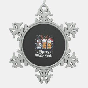Cheers Winter Nights Beers Snowman Beer Lovers  Snowflake Pewter Christmas Ornament