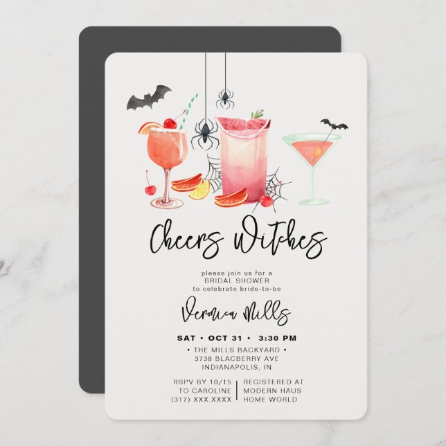 Cheers Witches Grey Halloween Bridal Shower Invitation (Front/Back)