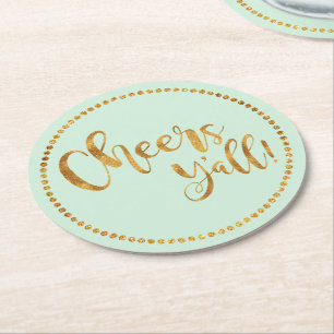 Cheers Y'all   Mint Green   Beer & Cocktail Party Round Paper Coaster
