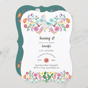 Cheery 2nd Birthday Girl FIESTA LLAMA Folk Flowers Invitation