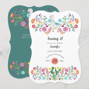 Cheery 2nd Birthday Girl FIESTA LLAMA Folk Flowers Invitation