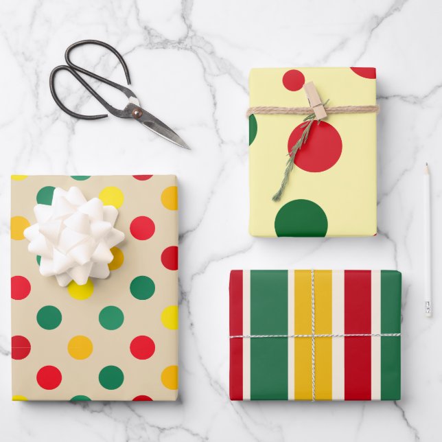 Cheery All-Age Polka Dot and Stripes Wrapping Paper Sheet (Front)