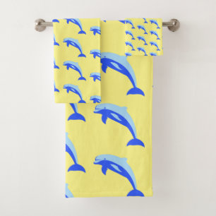 Cheery Blue Jumping Dolphin Ocean Cartoon Bath Towel Set
