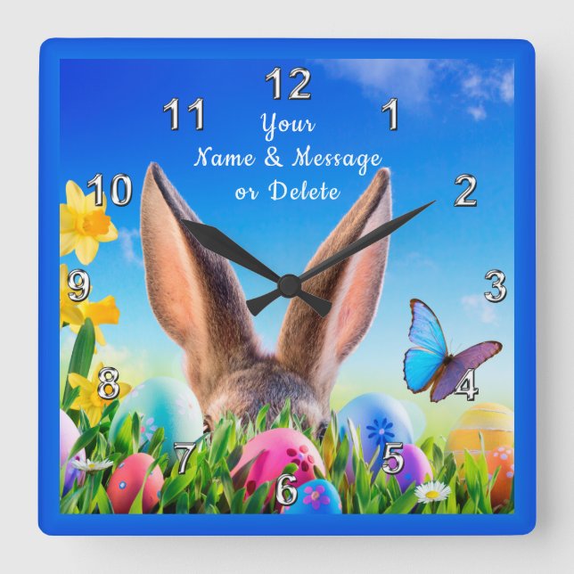 Cheery Bunny, Daffodils Personalised Easter Clock (Front)