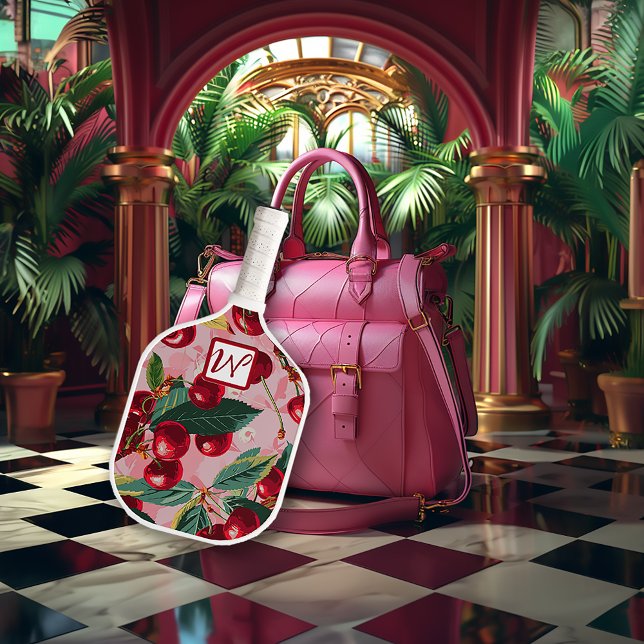 Cheery Cherry Retro Pink Monogrammed  Pickleball Paddle (Stylish Monogram Retro Pink Cherry Pickleball Paddle)