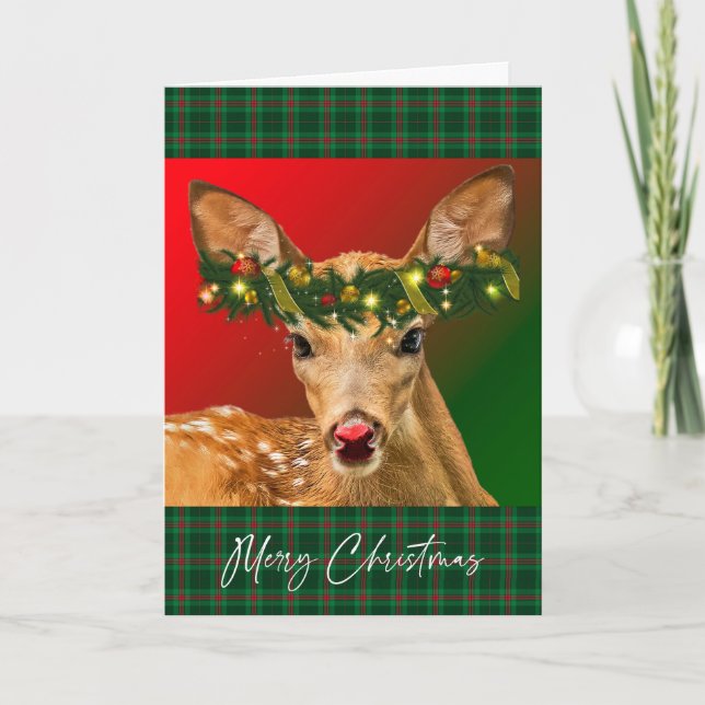 Cheery Fawn Plaid Christmas Card (Front)