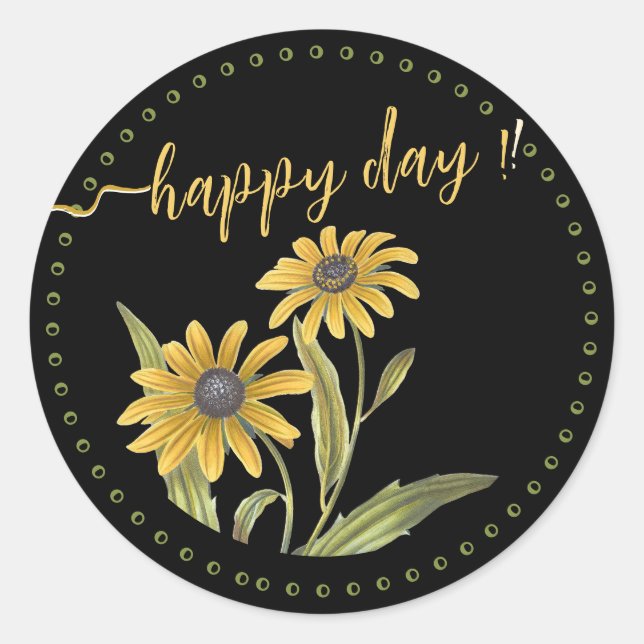 Cheery Happy Day with Yellow Daisies Motivational  Classic Round Sticker (Front)