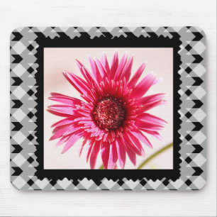Cheery Pink Gerbera Daisy on Black/White Gingham Mouse Pad